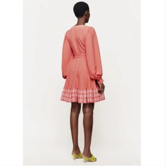 Stine Goya-NWOT “Farrow” Coral Plaid Long puff sleeve Waist Tie Flare Mini Dress - Picture 4 of 9